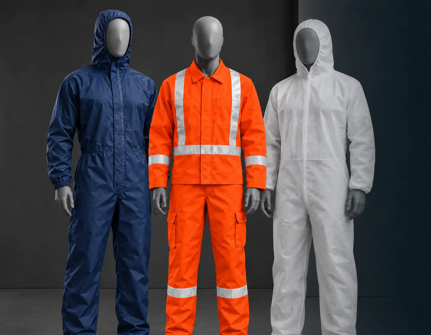 Mannequins wearing a navy spray coverall, an orange reflective fire-resistant suit and a white disposable coverall